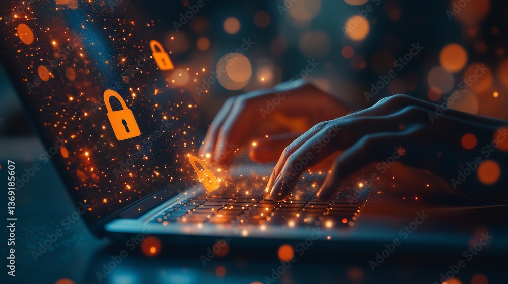 Poster cybersecurity awareness with person using laptop and padlock icons, secure internet network access, 