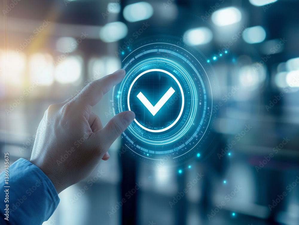 Poster hand interacting with futuristic checkmark interface digital approval verification and technology