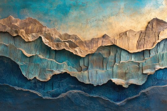 Abstract layered mountain landscape art; textured teal, gold, and brown hues create a dramatic, 3D effect.
