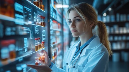 Focused Female Scientist Examining Digital Data Screen in Modern Laboratory