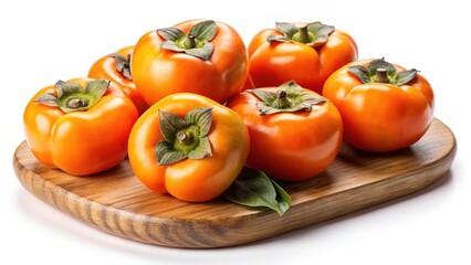Fototapeta premium Ripe Orange Persimmons on Wooden Board Isolated on White Background Fresh Autumn Fruits Healthy Food
