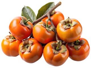 Fototapeta premium A Bunch of Ripe Orange Persimmons on a Branch with Green Leaves