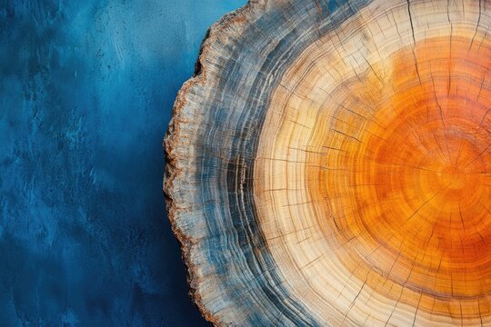 Cross-section of a tree trunk showcasing its rings and vibrant colors against a blue background.
