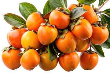 A Bunch of Ripe Orange Persimmons on a Branch with Lush Green Leaves