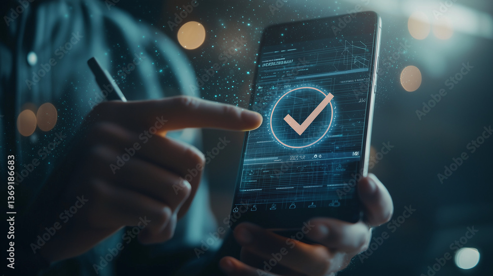 Poster digital checkmark on smartphone screen technology security approval verification