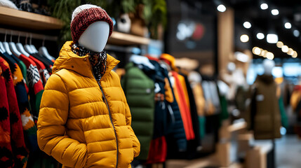 A picture of seasonal clothing mannequins arranged in an orderly manner in a store. The mannequins are arranged in a way that emphasizes the clothes.