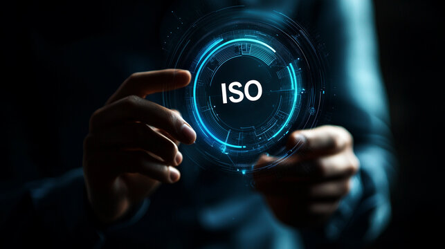 ISO Certification Businessperson Presenting Digital ISO Standard Hologram