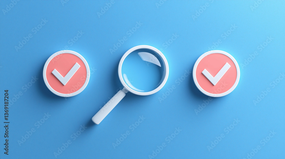 Poster 3d render magnifying glass examining check marks quality control approval process success concept