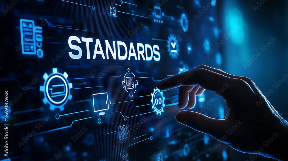 Poster implementing digital standards hand interacting with technology interface