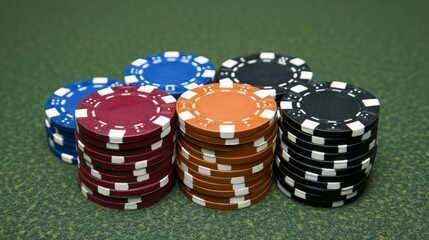 Stacks of poker chips in various colors on a green felt surface.
