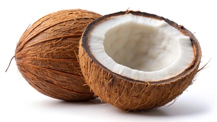 A whole coconut and a half coconut shell showing the white flesh inside on a white background tropical fruit summer refreshment healthy food