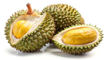 Fototapeta premium Closeup of three ripe durian fruits one opened showing yellow flesh