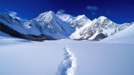 Pristine snow-covered landscape with towering peaks. Footprints trace a path through the vast expanse of white