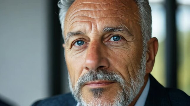 Confident businessman with gray hair and beard, exuding professionalism and maturity modern office.
