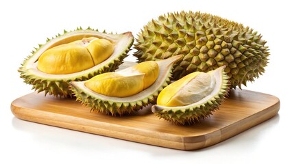 Fototapeta premium Ripe Durian Fruits on a Wooden Cutting Board Isolated on White Background