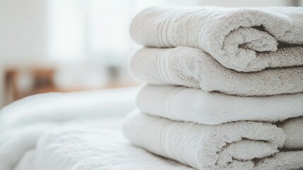 Soft, fluffy towels stacked neatly.  A relaxing scene.