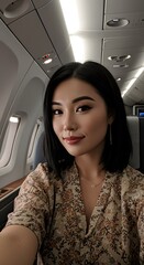 Fototapeta premium Elegant Woman Taking a Selfie in Airplane First-Class Cabin