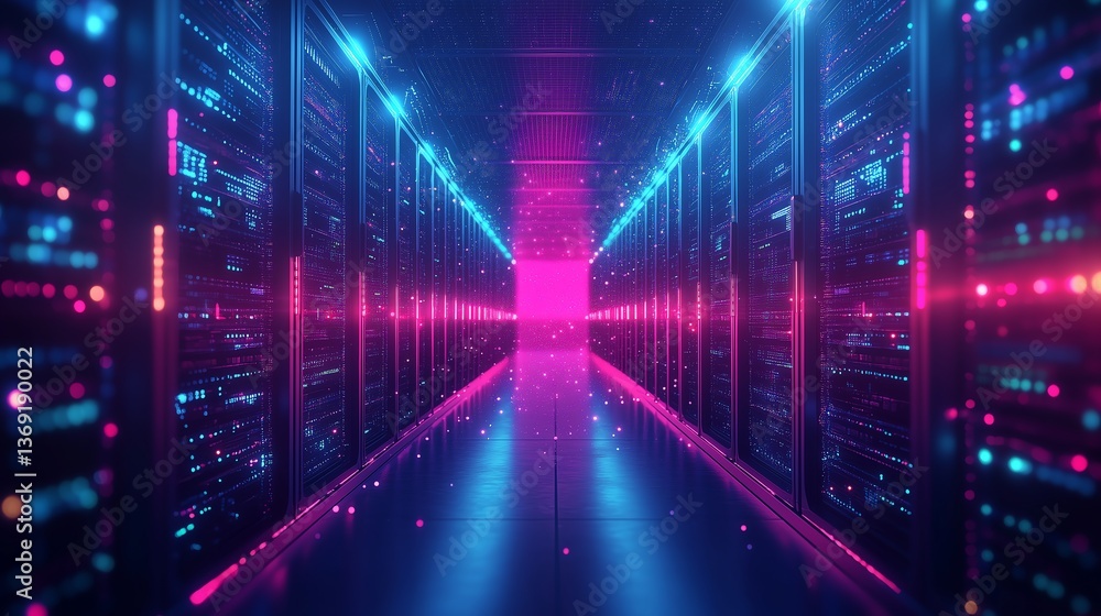 Poster abstract digital warehouse with glowing server racks and network connections symbolizing cloud compu