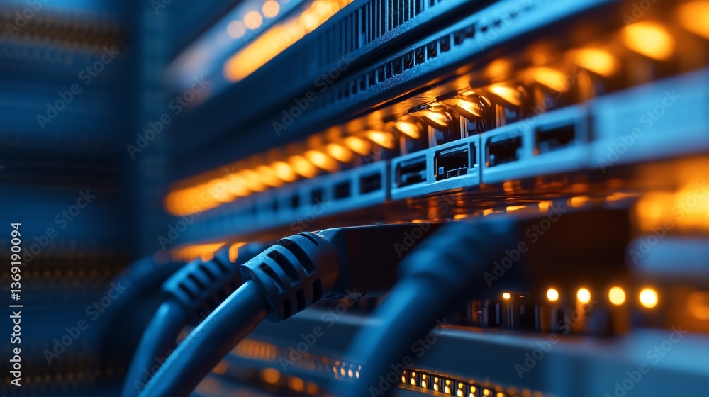 Aufkleber close-up of network connection plug in a data center, highlighting minimalistic design, clean lines,