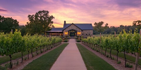 Obraz premium A scenic vineyard with a stone building at sunset, showcasing lush grapevines and a pathway.