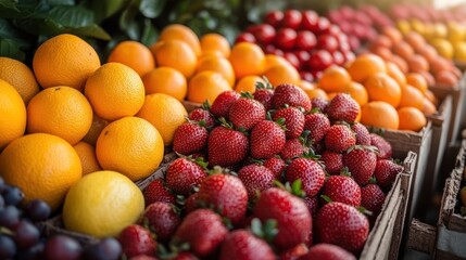 Fresh fruit market stall displays strawberries, oranges, and more
