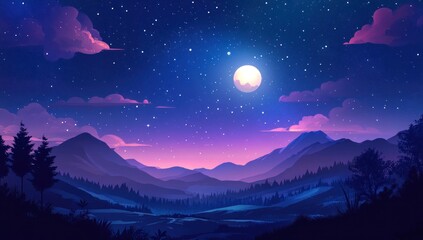 Fototapeta premium Night landscape, mountains, starry sky, full moon, illustration