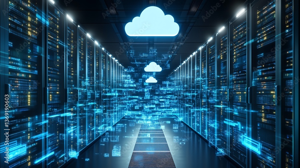 Poster 3d rendered minimalist server room for cloud computing, modern data center technology concept