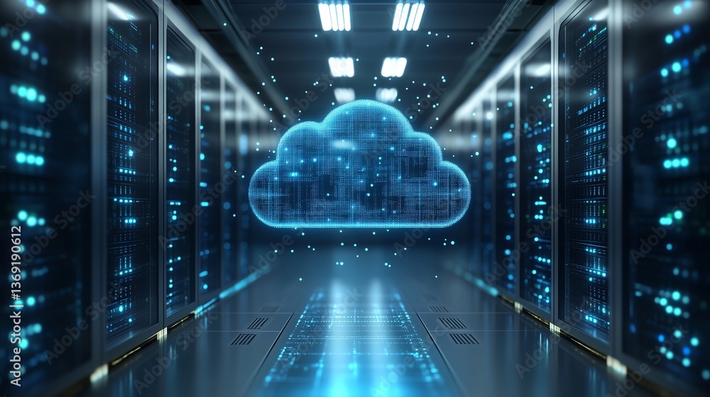 Poster 3d rendered minimalist server room for cloud computing, modern data center technology concept