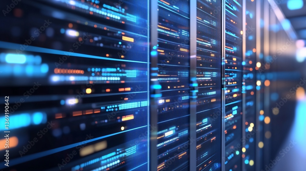Aufkleber server room data center with rows of server racks, 3d illustration with minimalistic and clean desig