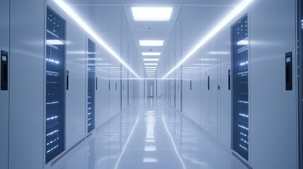 Fototapeta premium Supercomputer and advanced cloud computing concept, showcasing white server cabinets in a bright, clean data center for AI training cluster