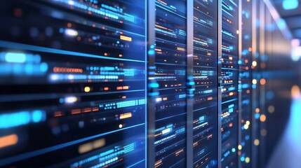 Server room data center with rows of server racks, 3D illustration with minimalistic and clean design for tech backgrounds