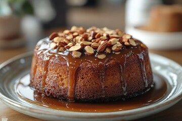 Caramel almond cake on plate, cafe setting