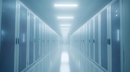Supercomputer and advanced cloud computing concept, showcasing white server cabinets in a bright, clean data center for AI training cluster