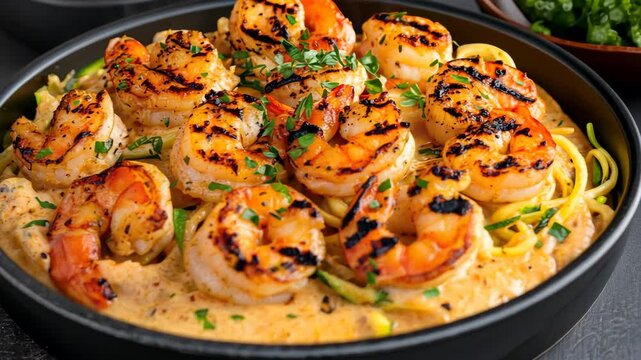 Delicious creamy shrimp pasta with grilled seafood, fresh herbs, and delightful flavors