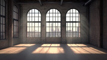 Sunlit Industrial Interior with Arched Windows and Urban View