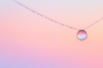 A large dewdrop hangs from a spiderweb, adorned with smaller droplets against a pastel sky.
