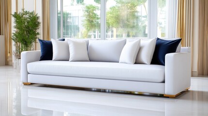 Modern white sofa with navy blue accent pillows in a luxurious living room