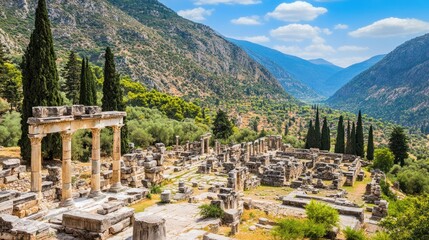 Obraz premium Panoramic view of the ancient ruins of Delphi in Greece with mountains.