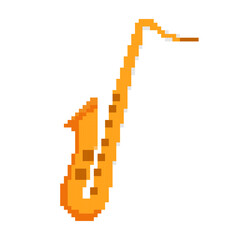Pixel art of saxophone. Pixelated music instrument. 
