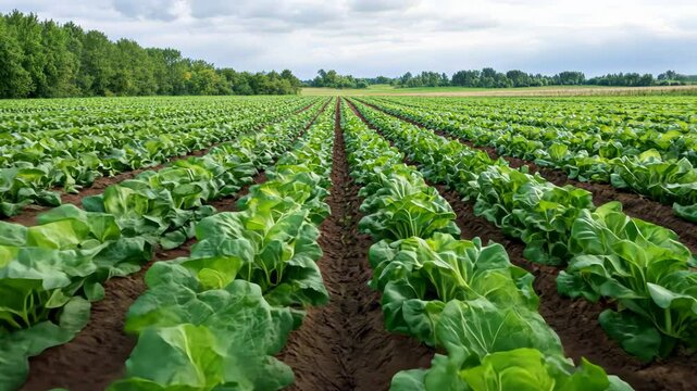 Lush green landscape of crops vast field cloudy sky, highlighting natures agricultural beauty.