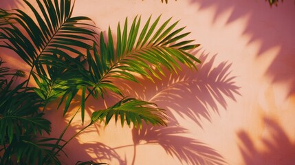 Palm leaves and shadows create an abstract design on a pink wall.