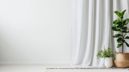 Bright and Minimalist Living Space with Curtains and Indoor Plants