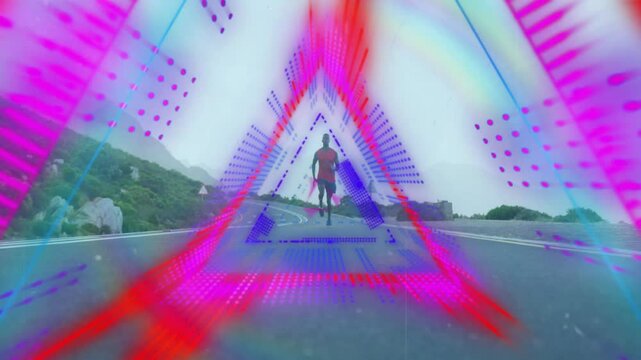 Running on road, colorful geometric animation radiating outward from runner