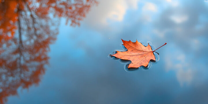 Autumn Serenity: A Single Maple Leaf Floating on Calm Water
