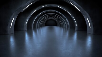 Fototapeta premium Dark, arched tunnel with glowing lines. Empty, futuristic interior