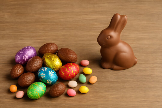 Foil-Wrapped Chocolate Easter Eggs and Bunny on Wooden Background - Powered by Adobe