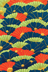 A vibrant collection of Japanese-inspired digital artworks featuring traditional patterns, landscapes, flowers, boats, fans, and portraits in bold colors and stylized compositions.