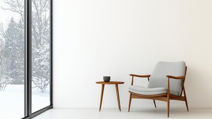 Cozy Winter Interior with Armchair and Side Table by Snowy Window