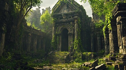 Overgrown ancient stone temple ruins with lush vegetation.