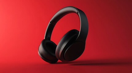 Modern black over-ear headphones with a sleek design placed on a vibrant red background for audio enthusiasts